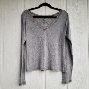 Gray Knit Top With Lace Trim